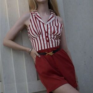 BRICK RED 1940S STRIPED LAPEL ROMPER XL